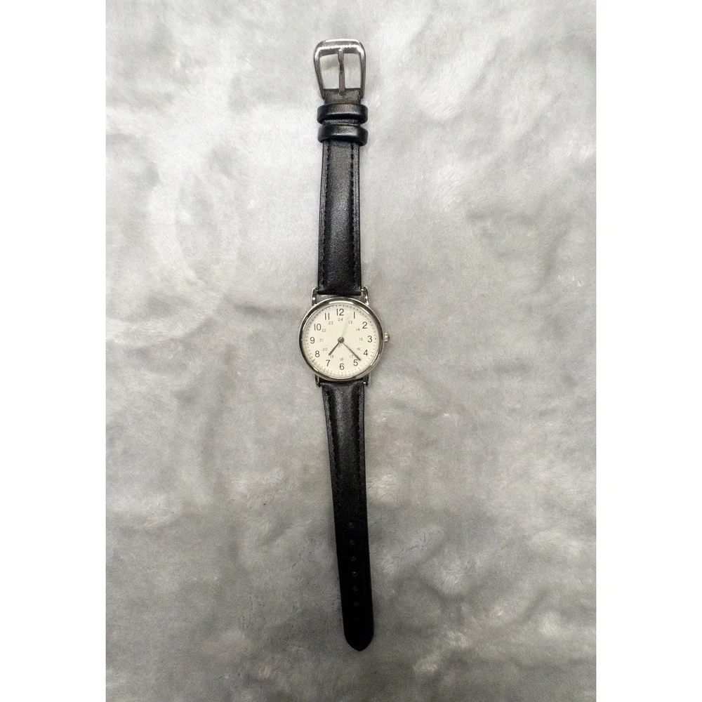 Mens Minimalist 30mm Watch Black Leather Strap 24 Hour Dial Silver Case